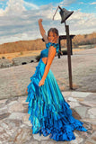 Sexy V-neck Ruffle Sleeveless A-line Long Prom Dress,SWS2131
