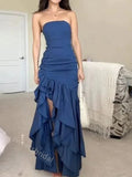 Ruffle Strapless Sleeveless Side Slit Mermaid Long Floor Length Prom Dress,SWS2359