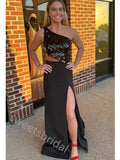 Black One Shoulder Sleeveless Side Slit Sheath Floor Length Prom Dress,SWS2228