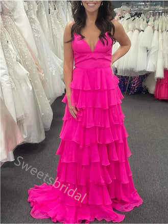 Charming V-neck Sleeveless Ruffles A-line Floor Length  Prom Dress,SWS2291