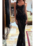 Black Square Sleeveless Side Slit Mermaid Floor Length Prom Dress,SWS2316