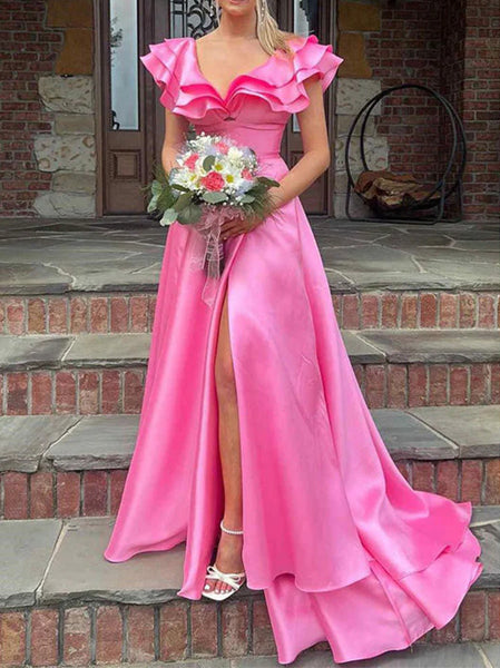 Elegant Ruffle Sleeveless Side Slit A-line Floor Length  Prom Dress,SWS2306