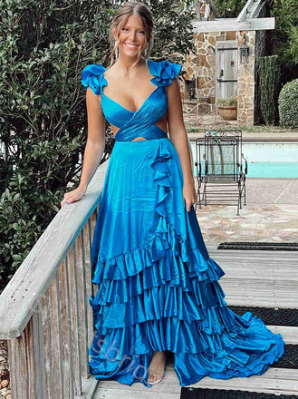 Sexy V-neck Ruffle Sleeveless A-line Long Prom Dress,SWS2131