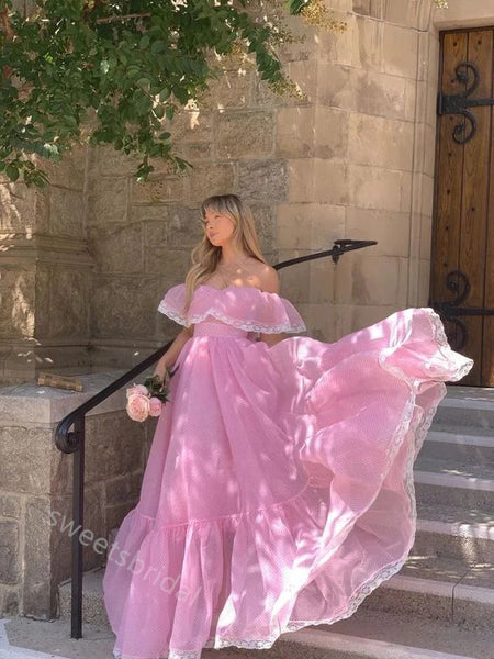 Pink Off Shoulder Sleeveless A-line Long Floor Length Prom Dress,SWS2369