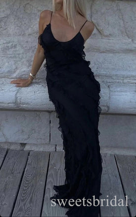 Black V-neck With Ruffles Sleeveless Mermaid Long Prom Dress,SWS2501