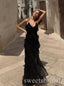 Black V-neck With Ruffles Sleeveless Mermaid Long Prom Dress,SWS2501