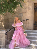 Pink Off Shoulder Sleeveless A-line Long Floor Length Prom Dress,SWS2369