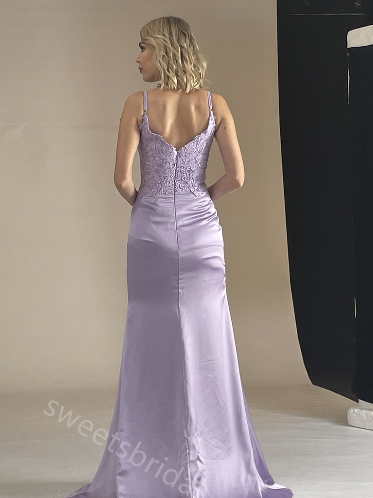 Lilac V-neck Sleeveless Side slit Sheath Long Bridesmaid Dresses, SWE1414