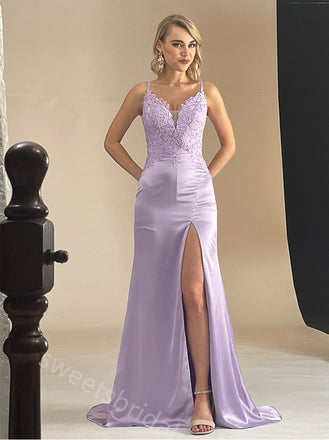 Lilac V-neck Sleeveless Side slit Sheath Long Bridesmaid Dresses, SWE1414