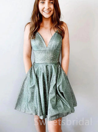 Elegant V-neck Sleeveless A-line Short Mini Homecoming Dress, BTW349