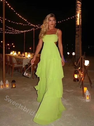 Moss Ruffle Sleeveless A-line Long Floor Length Prom Dress,SWS2339