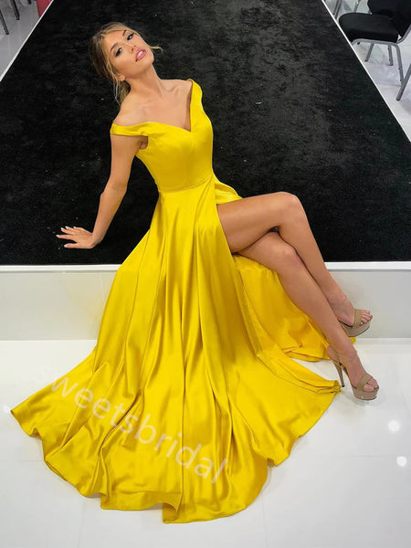 Yellow V-neck Sleeveless Side Slit A-line Floor Length Prom Dress,SWS2267