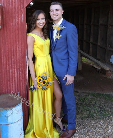 Yellow V-neck Sleeveless Side Slit A-line Floor Length Prom Dress,SWS2267