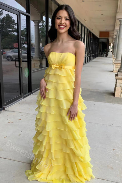 Yellow Ruffle Sleeveless A-line Long Floor Length Prom Dress,SWS2340