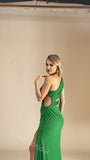 Green One Shoulder Sleeveless Side Slit Mermaid Floor Length Prom Dress,SWS395