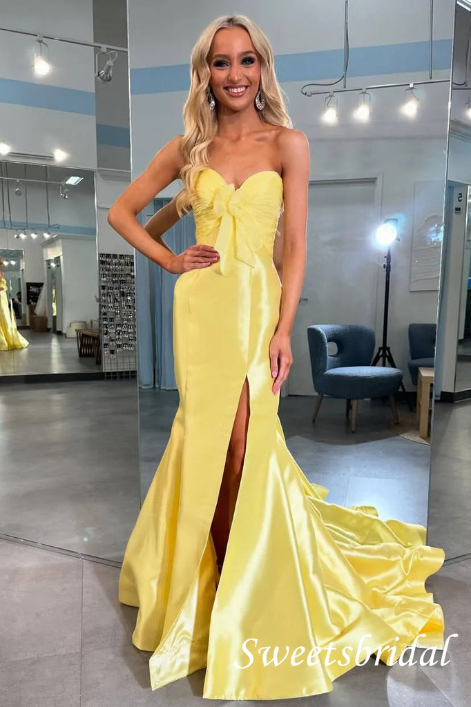 Yellow Sweetheart Sleeveless Side Slit Mermaid Floor Length Prom Dress,SWS2553