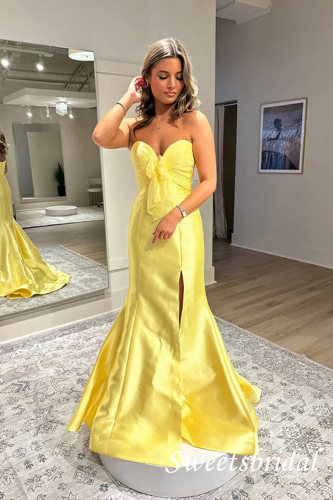 Yellow Sweetheart Sleeveless Side Slit Mermaid Floor Length Prom Dress,SWS2553