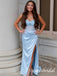 Elegant Blue V-neck Sleeveless Side Slit Mermaid Floor Length Prom Dress,SWS2537