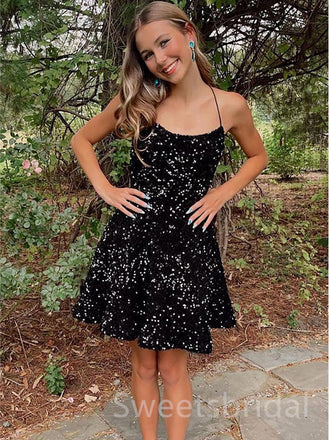 Black Halter Sleeveless A-line Short Mini Homecoming Dress, BTW351