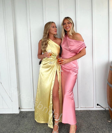 Yellow Ones Shoulder Sleeveless Side Slit Floor Length Prom Dress,SWS2262