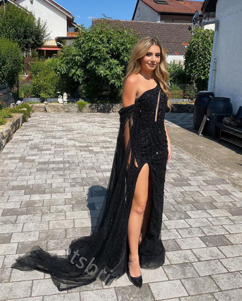 Sexy One Shoulder Sleeveless Side Slit Mermaid Long Prom Dress,SWS2128
