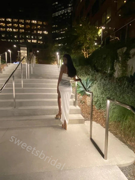 White Spaghetti Straps Sleeveless Side Slit Sheath Floor Length Prom Dress,SWS2321
