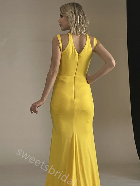 Yellow Halter Sleeveless Side Slit Mermaid Floor Length Prom Dress,SWS2394