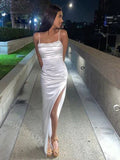 White Spaghetti Straps Sleeveless Side Slit Sheath Floor Length Prom Dress,SWS2321