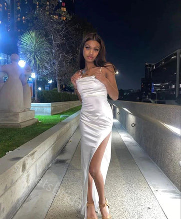 White Spaghetti Straps Sleeveless Side Slit Sheath Floor Length Prom Dress,SWS2321