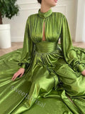 Moss Green Long Sleeves Side Slit A-line Floor Length Prom Dress,SWS2214