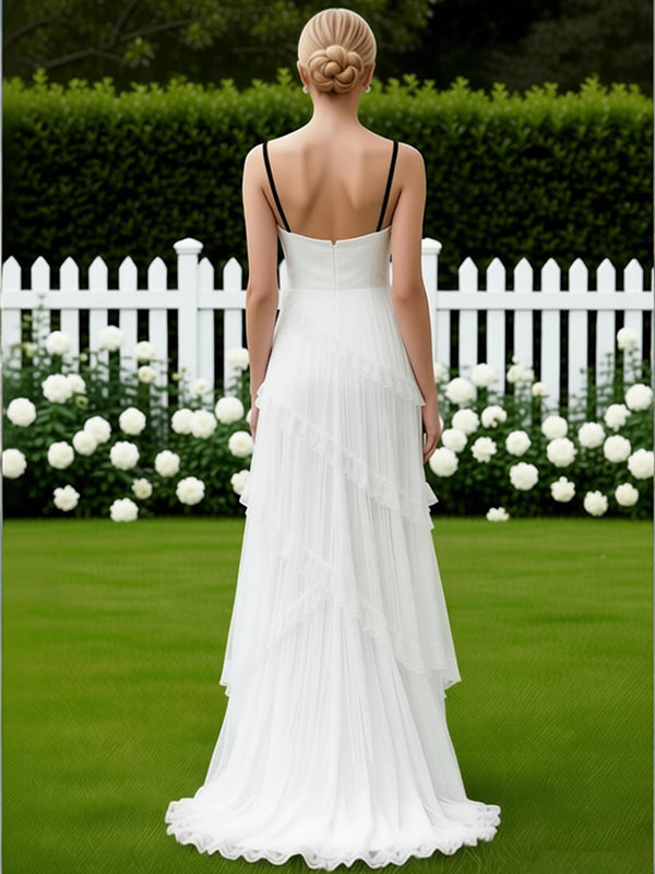 Color-Blocking Lace Ruffles Sleeveless Side Slit A-Line Long Prom Party Dress,SWS2611