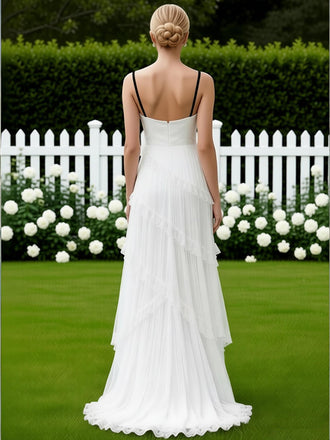 Color-Blocking Lace Ruffles Sleeveless Side Slit A-Line Long Prom Party Dress,SWS2611