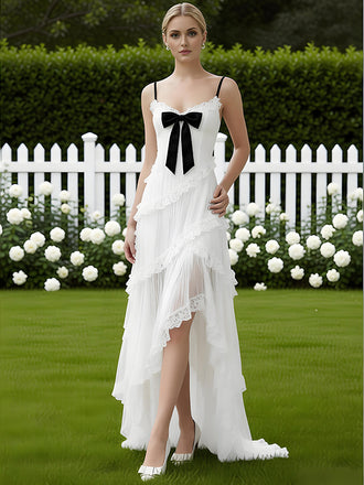 Color-Blocking Lace Ruffles Sleeveless Side Slit A-Line Long Prom Party Dress,SWS2611