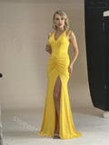 Yellow Halter Sleeveless Side Slit Mermaid Floor Length Prom Dress,SWS2394