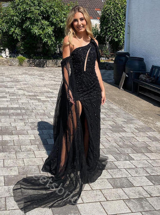 Sexy One Shoulder Sleeveless Side Slit Mermaid Long Prom Dress,SWS2128