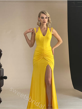 Yellow Halter Sleeveless Side Slit Mermaid Floor Length Prom Dress,SWS2394