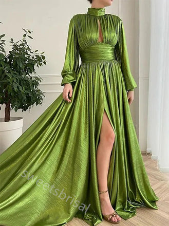 Moss Green Long Sleeves Side Slit A-line Floor Length Prom Dress,SWS2214