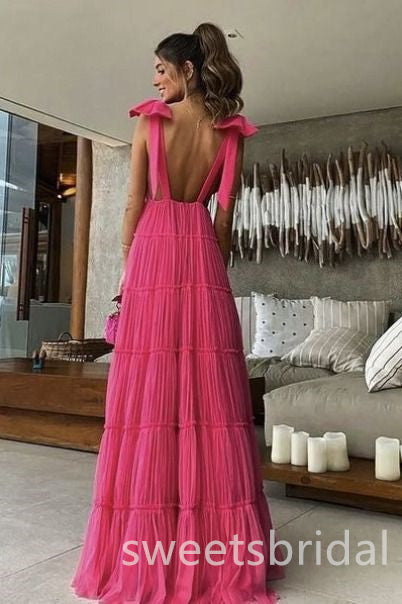 Elegant Deep V-neck Sleeveless Ruffles A-line Long Prom Dress,SWS2483