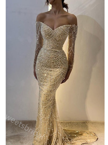 Sparkly V-neck Off Shoulder Mermaid Long Floor Length Prom Dress,SWS2336