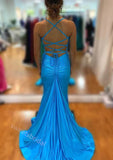 Blue V-neck Sleeveless Side Slit Mermaid Long Floor Length Prom Dress,SWS2364