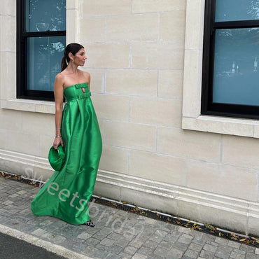 Green Strapless Sleeveless Bow A-line Floor Length Prom Dress,SWS2268