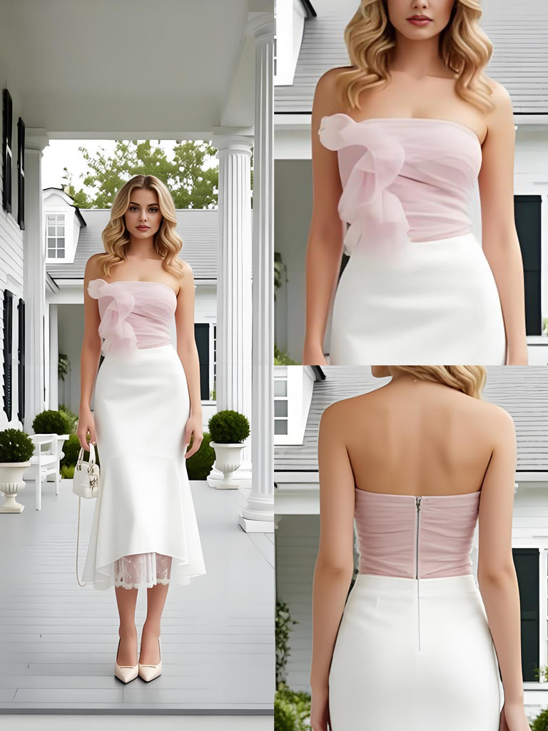 Color Blocked Strapless Sleeveless Mermaid Tea Length Long Prom Party Dress,SWS2612