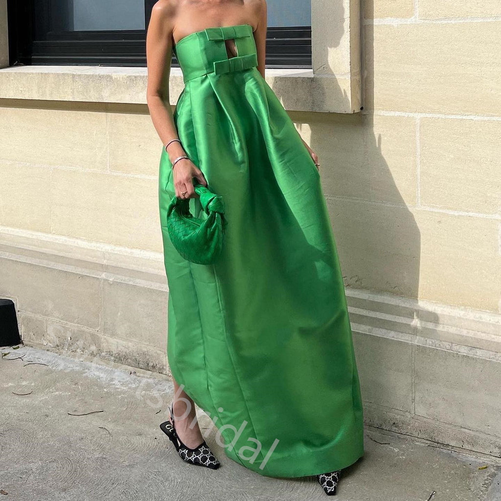 Green Strapless Sleeveless Bow A-line Floor Length Prom Dress,SWS2268