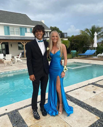 Blue V-neck Sleeveless Side Slit Mermaid Long Floor Length Prom Dress,SWS2364
