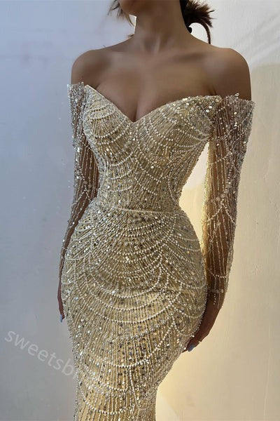 Sparkly V-neck Off Shoulder Mermaid Long Floor Length Prom Dress,SWS2336