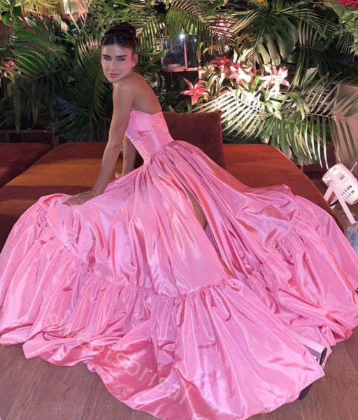 Gummy Pink  Strapless Side Slit A-line Floor Length Prom Dress,SWS2196
