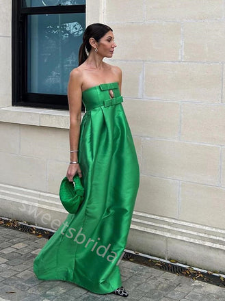 Green Strapless Sleeveless Bow A-line Floor Length Prom Dress,SWS2268