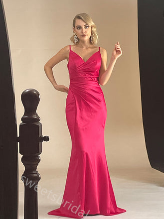 Pleats V-neck Sleeveless Mermaid Long Bridesmaid Dresses, SWE1415