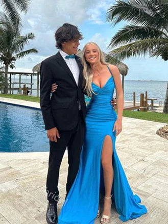 Blue V-neck Sleeveless Side Slit Mermaid Long Floor Length Prom Dress,SWS2364