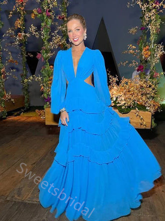 Elegant V-neck Long Sleeves A-line Long Prom Dress,SWS2129